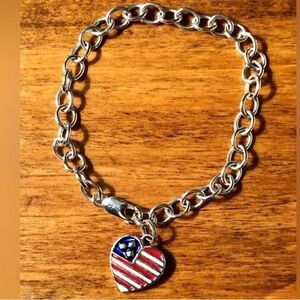 Silver Tone Bracelet with Red/White/Blue American Flag Designed Heart Charm